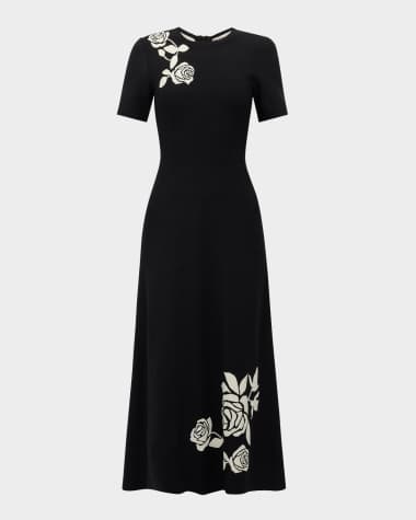 Lela Rose Rose Jacquard Short-Sleeve Midi Dress