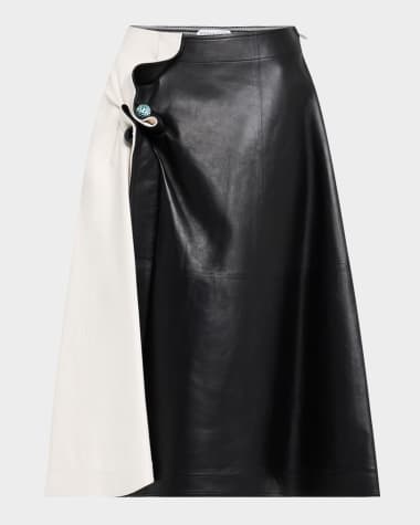 Bottega Veneta Colorblock Leather Gathered Midi Skirt