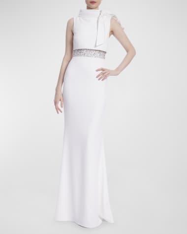 Badgley Mischka Collection Funnel-Neck Embellished Column Gown