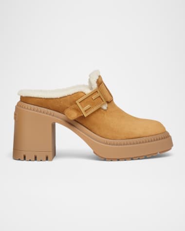 Fendi Shearling-Lined Leather Platform Mules