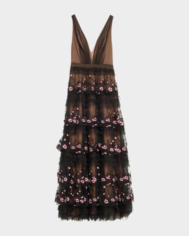 Marchesa Notte Embroidered Deep V-Neck Ruffle Gown