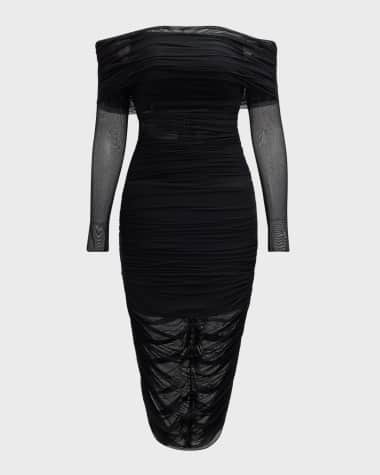 Alice + Olivia Isadola Off-Shoulder Mesh Ruched Midi Dress