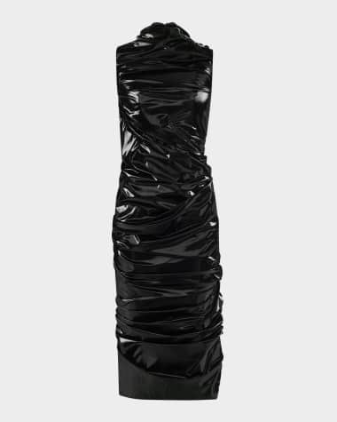 McQueen High-Neck Laminated Jersey Wrap Dress