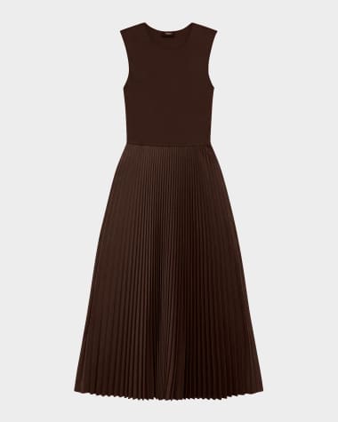 Theory Combo Pleated Wool Suiting Sleeveless Midi Dress
