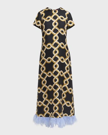La DoubleJ Short-Sleeve Feather-Trim Maxi Swing Dress