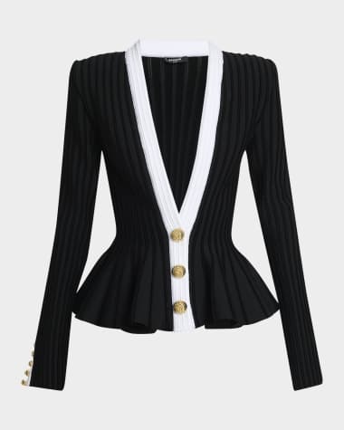 Balmain V-Neck Velvet Knit Peplum Jacket