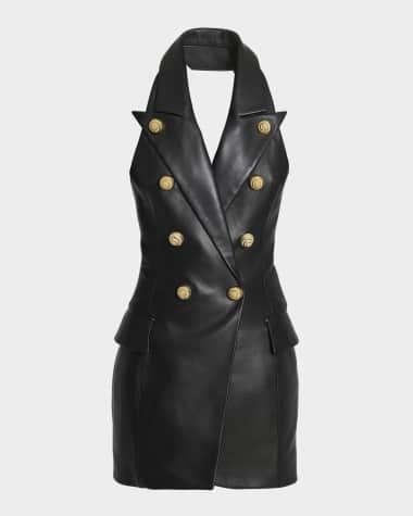 Balmain Halter-Neck Tailored Lambskin Leather Mini Dress
