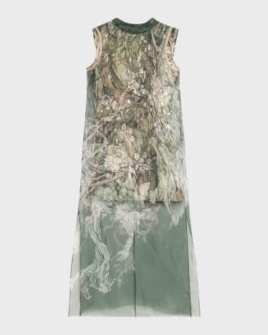 Jason Wu Collection Printed Organza Sleeveless Midi Dress With Crinkle Foil Lining