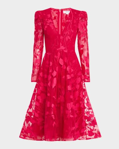 HELSI Parker Long-Sleeve Embroidered Leaf Midi Dress