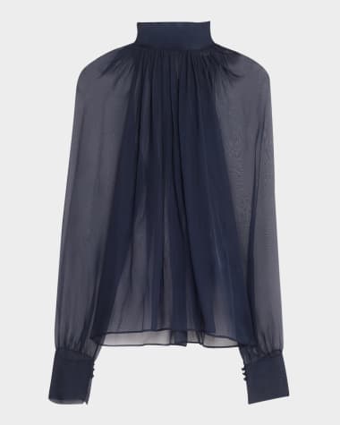 Saint Laurent Sheer Ruched Hig-Neck Blouse