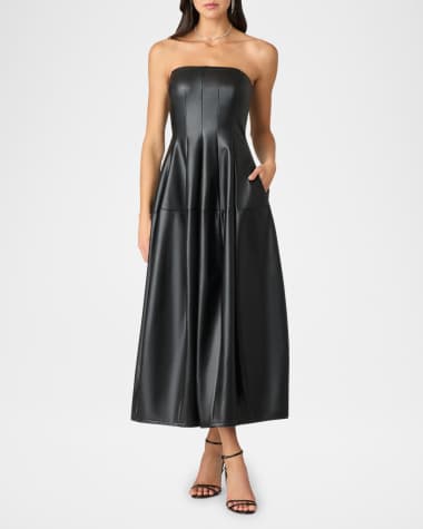 Shoshanna Celia Strapless Faux Leather Midi Dress