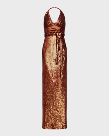 Halston Mio Deep V-Neck Sequin Column Gown