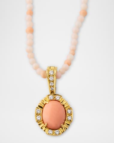 NM Estate Estate 18K Yellow Gold, Diamond and Pink Coral Pendant Bead Necklace