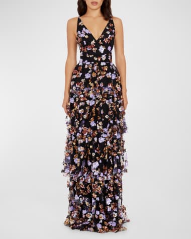 Dress the Population Black Label Lorain Ruffle Tiered Floral Sequin Gown