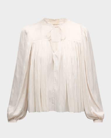 Ulla Johnson Freja Pleated Blouson-Sleeve Blouse
