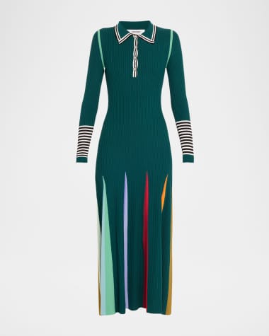 CHRISTOPHER JOHN ROGERS Multicolor Godet-Skirt Rib Maxi Polo Dress