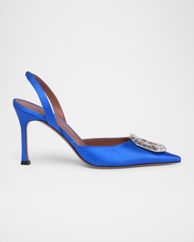 Amina Muaddi Camelia Satin Crystal Ornament Slingback Pumps