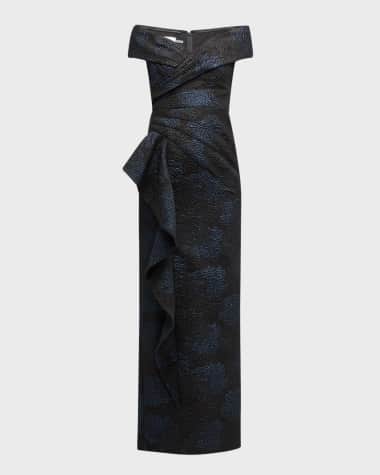 Rickie Freeman for Teri Jon Off-Shoulder Jacquard Column Gown