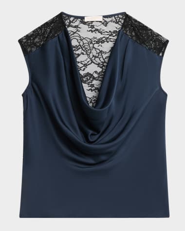 Ramy Brook Winston Satin Lace Cowl-Neck Blouse