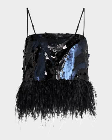 Ramy Brook Stanley Sequined Feather-Trim Crop Top