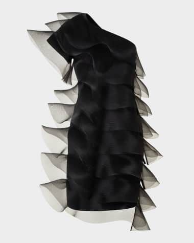 Akris Tiered Diagonal Crinoline Ruffles One-Shoulder Mini Dress