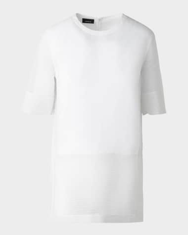Akris Mixed-Media Linen Striped Organza Short-Sleeve Blouse