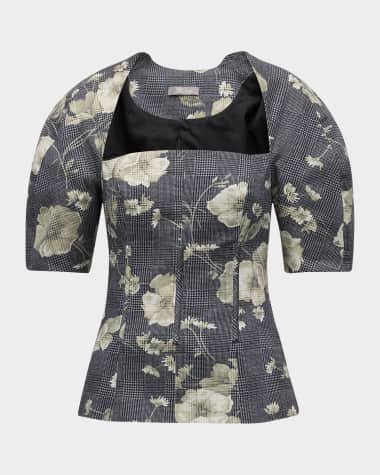 Lela Rose Floral Check Short-Sleeve Bustier Top