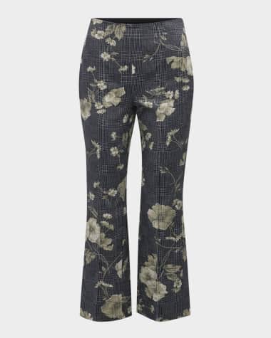 Lela Rose Floral Check-Print Kickflare Ankle Pants