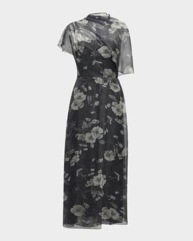 Lela Rose Draped Bodice A-Line Chiffon Midi Dress