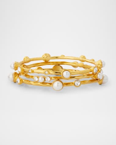 Kenneth Jay Lane Gold-Tone Bangle Bracelets with Rhinestones and Faux Pearls, Set of 3