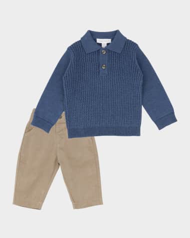 Miniclasix Boy's Cable Knit Polo Sweater W/ Pants Set, Size 3M-24M
