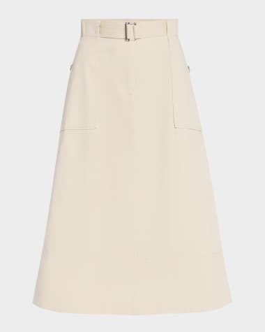 St. John Belted Cotton Canvas Midi Skirt