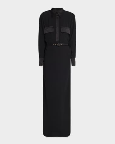 St. John Satin-Back Belted Crepe Maxi Shirtdress