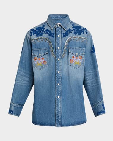 Valentino Garavani Men's Mixed-Embroidery Denim Shirt