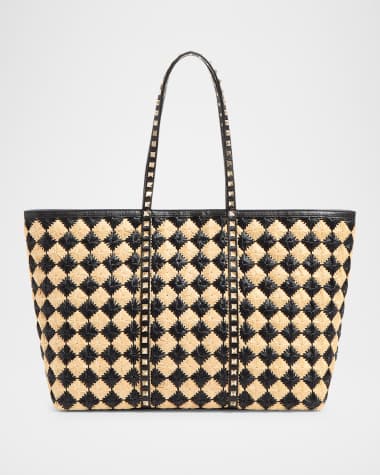 Valentino Garavani Rockstud Embroidered Raffia Shopping Tote Bag