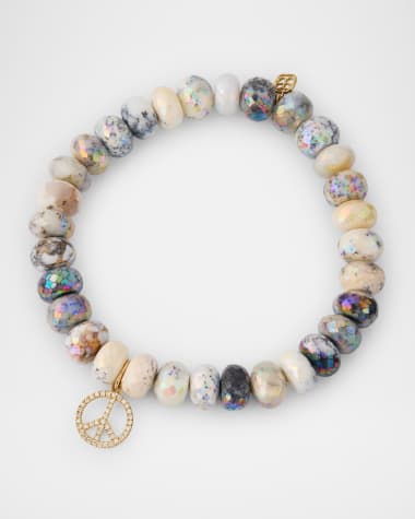 Sydney Evan Small Diamond Peace Sign Charm and Opal Bead Bracelet
