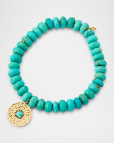 Sydney Evan Turquoise Bead Bracelet with Diamond Marquise Eye Open Wheel Charm