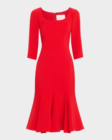 Carolina Herrera Square-Neck 3/4-Sleeve Midi Trumpet Dress