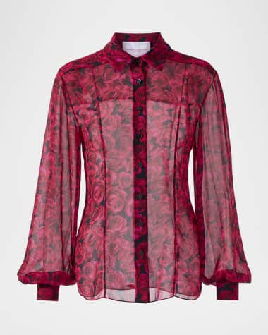 Carolina Herrera Rose-Print Classic Button-Down Blouse