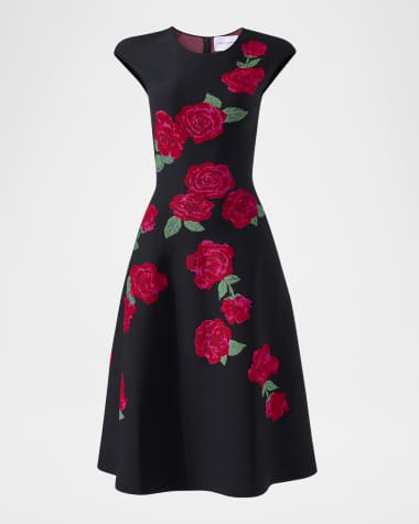 Carolina Herrera Floral Jacquard Cap-Sleeve Knit Flare Dress