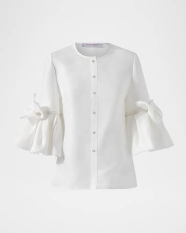 Carolina Herrera Pearly Button Bow Ruffle-Sleeve Silk Top