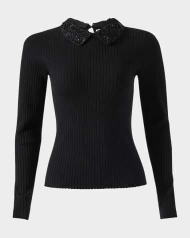 Carolina Herrera Removable Lace Collar Long-Sleeve Rib Sweater