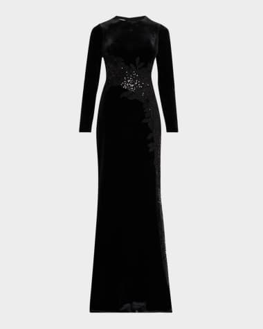 Rickie Freeman for Teri Jon Floral-Embroidered Sequin Velvet Gown