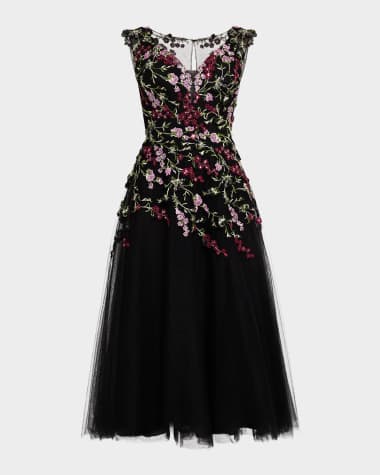 Rickie Freeman for Teri Jon Sequin Embroidered Tulle Midi Dress