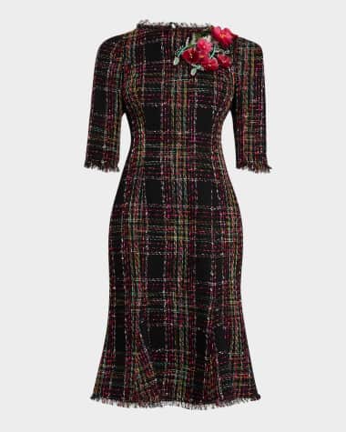 Rickie Freeman for Teri Jon Beaded Floral Applique Tweed Dress
