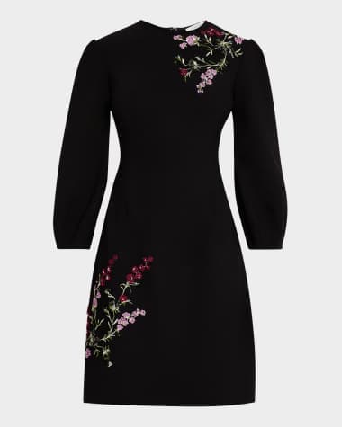 Rickie Freeman for Teri Jon Blouson-Sleeve Floral Applique Crepe Dress