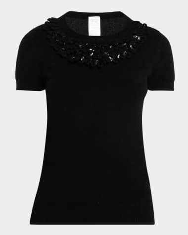 Neiman Marcus Cashmere Collection Cashmere Loop & Rhinestone Crewneck
