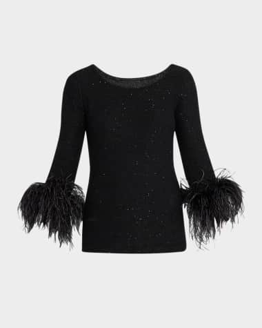 Neiman Marcus Cashmere Collection Cashmere Feather-Trim Sequin Knit Top