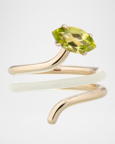 Bea Bongiasca 9K Yellow Gold and White Enamel Peridot Long Vine Statement Ring