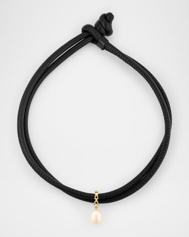Mizuki 14K Yellow Gold Diamond and Freshwater Pearl Choker Necklace on Leather Chain